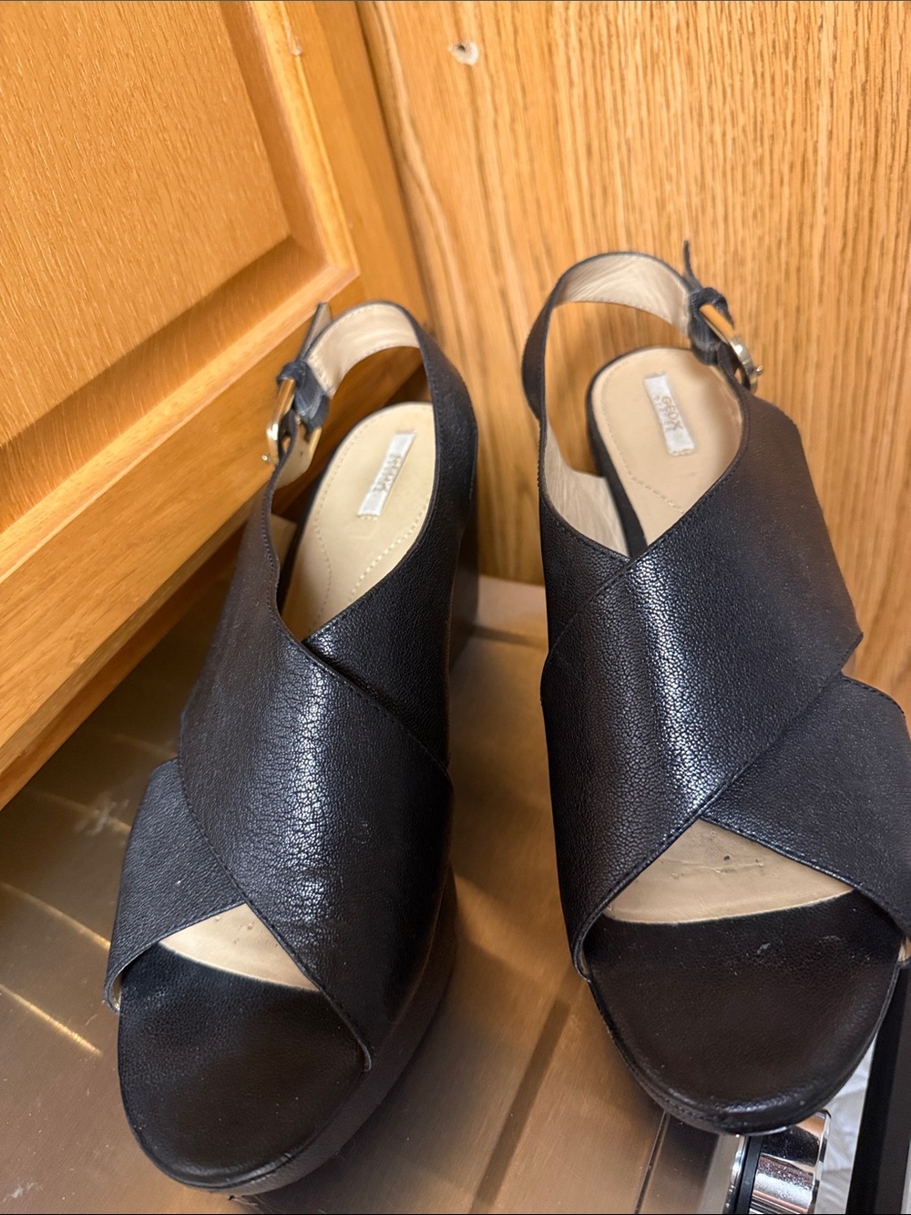 Geox Black Leather Crisscross Slingback Wedge Sandals